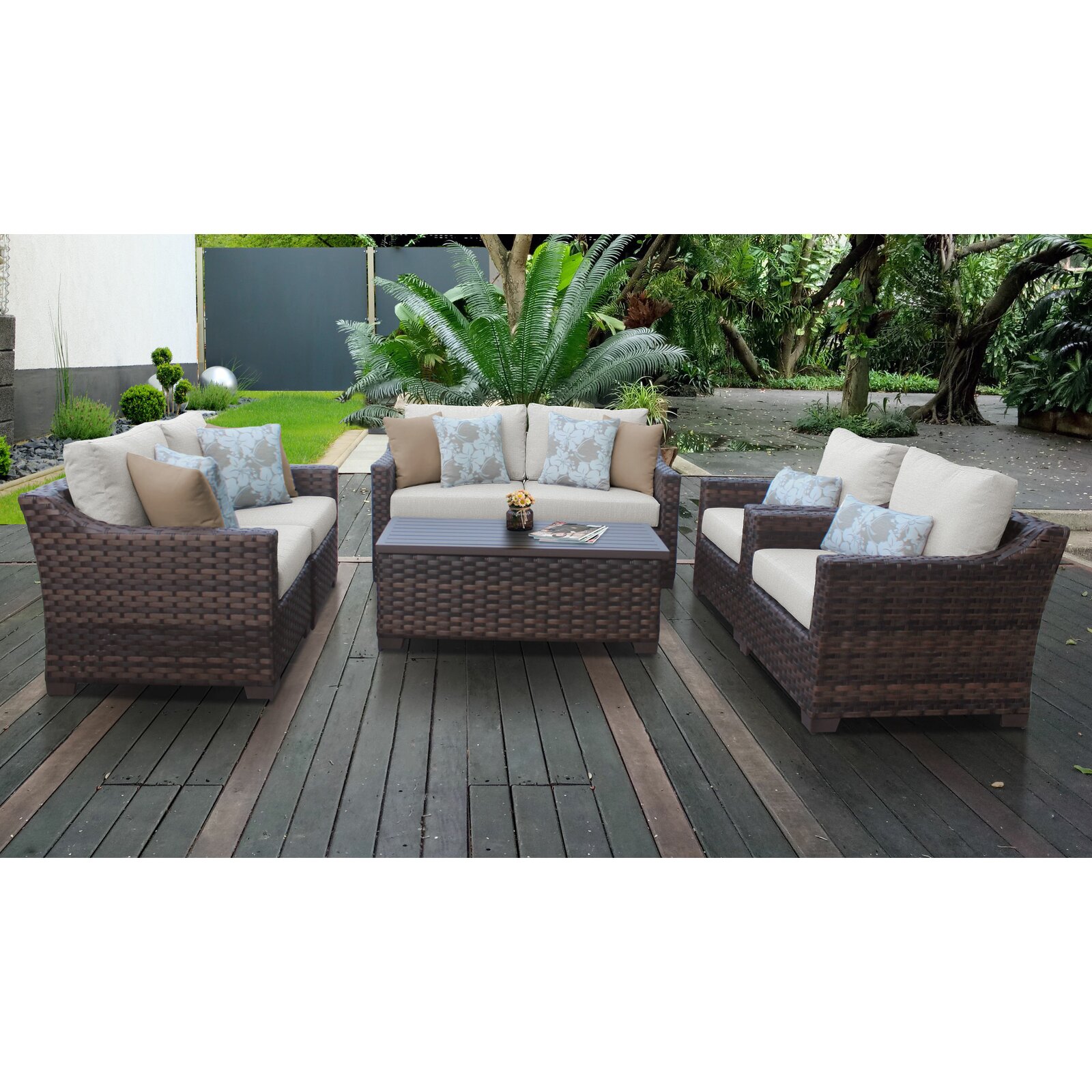kathy ireland Homes & Gardens by TK Classics High-Density Polyethylene (HDPE) Wicker 6 - Person Seating Group with Cushions